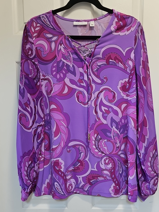 Susan Graver Tops - Susan Graver Purple Paisley Lace-Up Long Sleeve Blouse